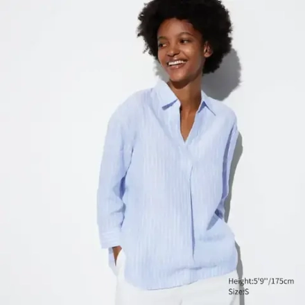 UNIQLO РУБАШКА В ПОЛОСКУ С 3/4 РУКАВАМИ И ШКИПЕРСКИМ ВОРОТНИКОМ ИЗ 100% ЛЬНА ПРЕМИУМ-КЛАССА, ГОЛУБОЙ