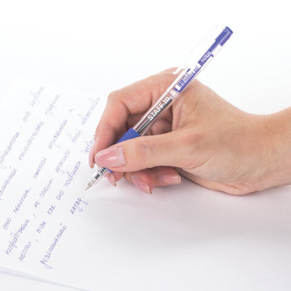 Ручка шариковая автоматическая с грипом STAFF "Basic" BPR-820, СИНЯЯ, корпус прозрачный, 0,7 мм, линия письма 0,35 мм, 142820