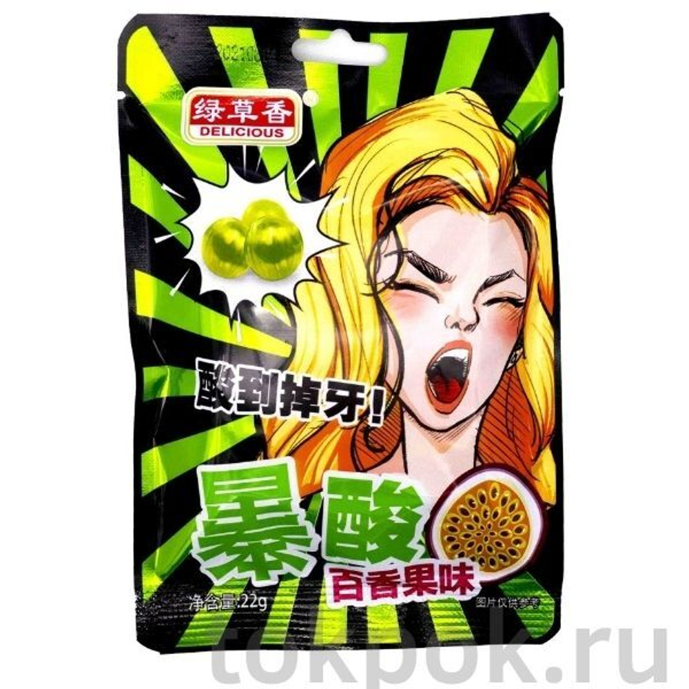 Кислые леденцы в ассортименте (персик, маракуя, кола лимон) Fujian Jinjiang Green Grass, 22 гр