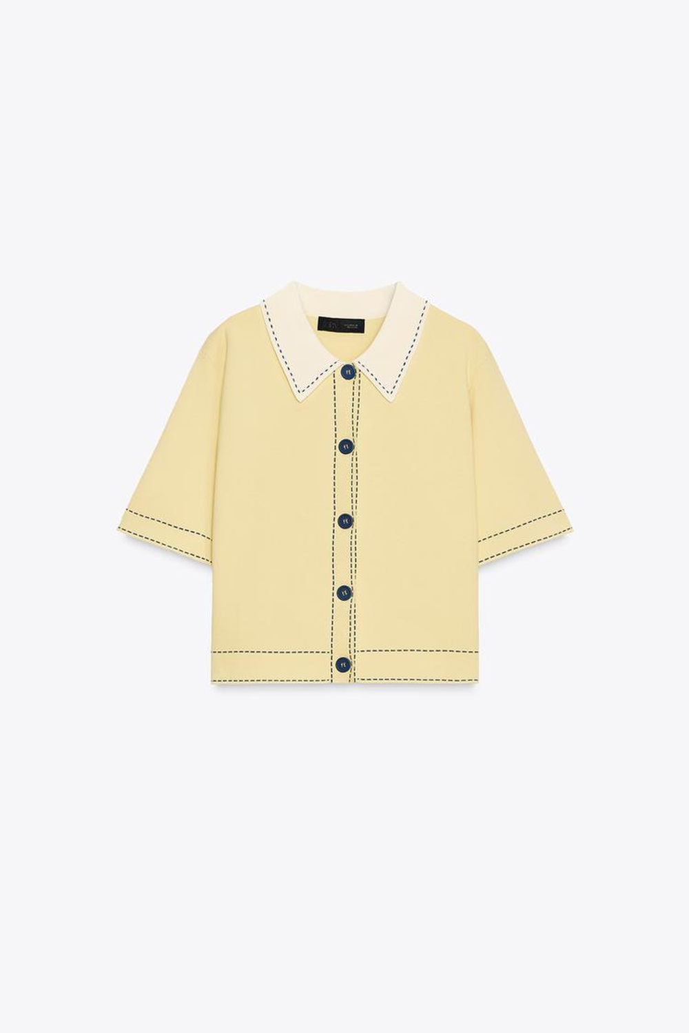 ZARA ВЯЗАНЫЙ ЖАКЕТ-ПОЛО С ДЕКОРАТИВНОЙ ОТСТРОЧКОЙ, ЖЕЛТЫЙ