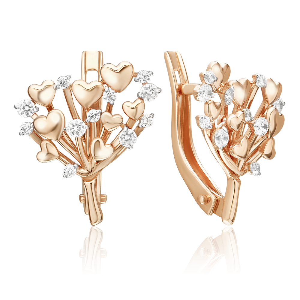 Серьги «Букет сердец» с английским замком из красного золота с фианитами