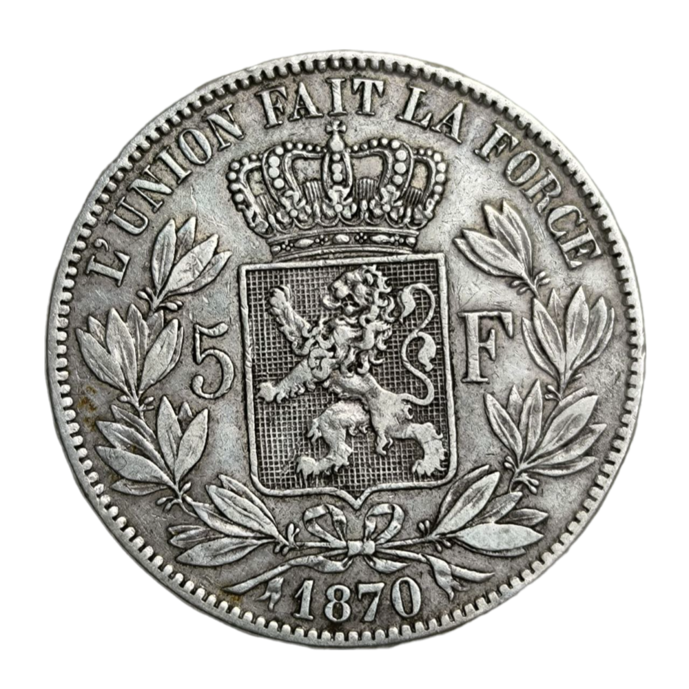 Монета 5 франков Бельгия 1870 год