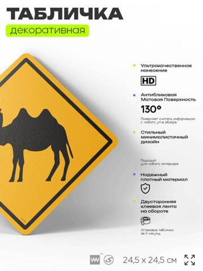Табличка прикольная "Осторожно, верблюды" на дверь и стену, информационная и предупреждающая, декоративный знак, 24,5х24,5 см, пластиковая, Айдентика Технолоджи