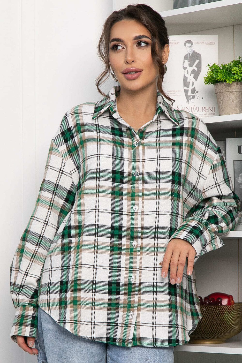 Рубашка оверсайз Дарика (бело-зеленая) Б14263-30М LT Collection