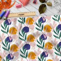 Ткань бифлекс цветные круги и листва на белом фоне