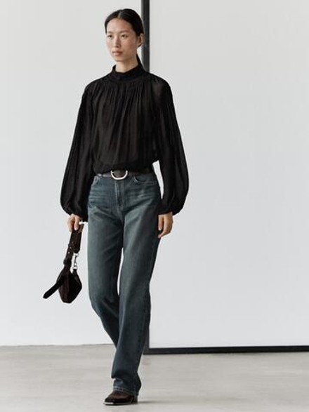 Massimo Dutti Блуза из струящейся ткани с воротником, черный