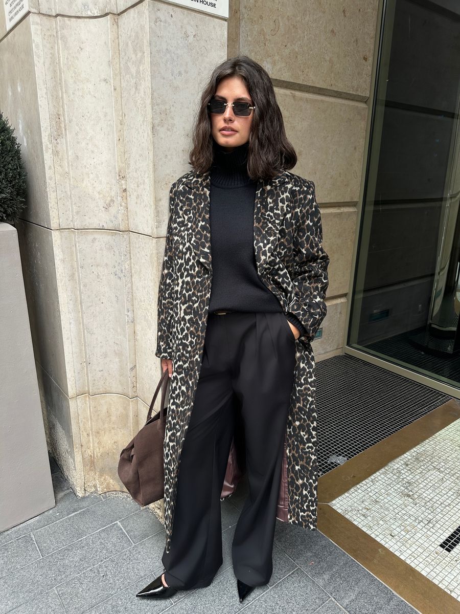 Пальто из смесовой шерсти однобортное леопард коричневый