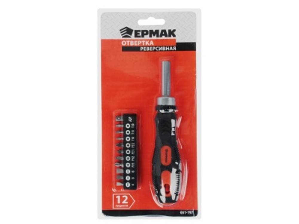 Отвертка реверс, адаптер 1/4, биты: SL4, SL5.5, SL6.5, PH1, PH2, PZ1, PZ2, TORX10, TORX15, TORX20 сталь ЕРМАК