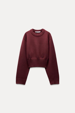 ZARA ОДНОТОННЫЙ СВИТЕР С ШИРОКИМИ РУКАВАМИ, ЦВЕТ БУРГУНДСКОГО ВИНА