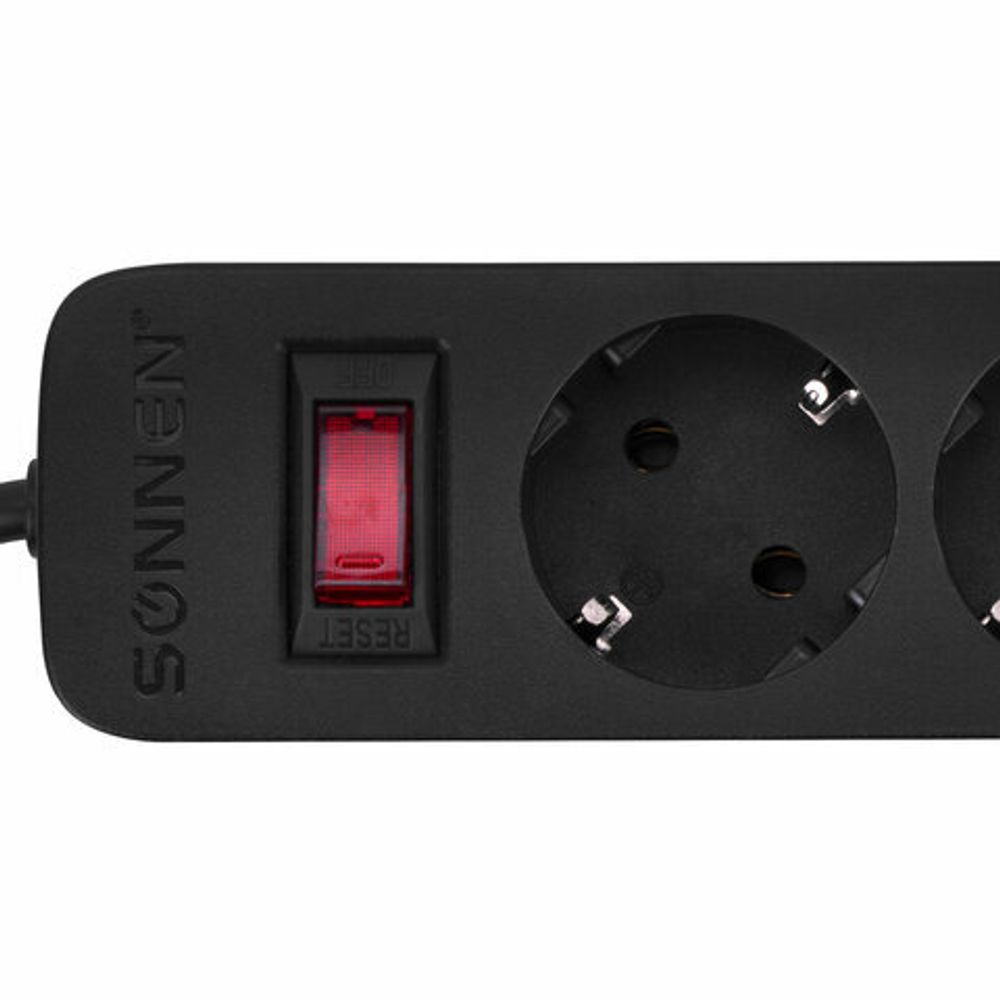 Сетевой фильтр SONNEN SPB-305, 5 розеток с заземлением, выключатель, 10 А, 3 м, черный, 513657