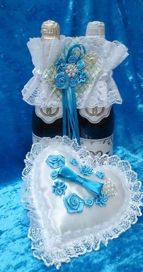 Набор Украшение на шампанское и Подушечка для колец, цвет: бирюзовый, 22см SvetikFantasy отделка может отличаться №3218.672