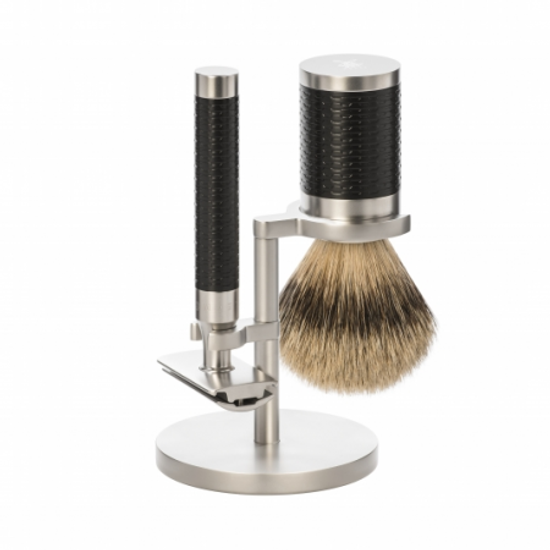 Бритвенный набор MUEHLE ROCCA, сталь, черный акцент, барсучий ворс высшей категории Silvertip, Т-образная бритва (станок)