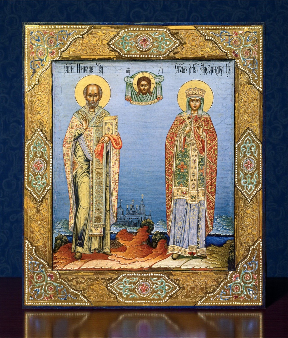 Николай Чудотворец и Царица Александра. Деревянная икона на левкасе