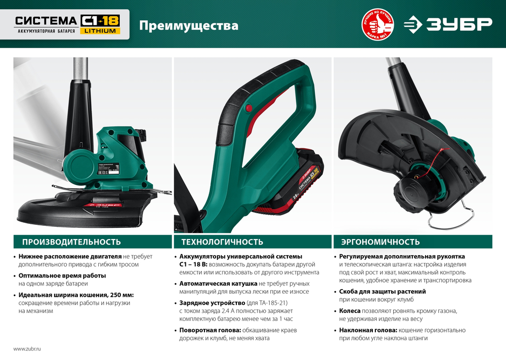 ЗУБР С1-18, 18 В, 25 см, без АКБ, аккумуляторный триммер (ТА-185)