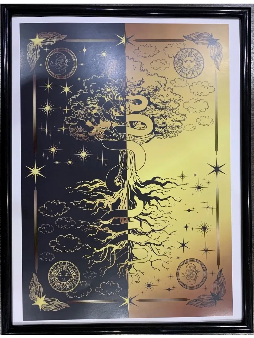 Древо-Постер Древо жизни черно-золотое в рамке