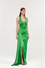 Платье макси из сатина со шлейфом