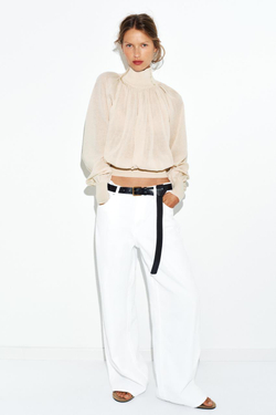 ZARA БЛУЗА СВОБОДНОГО КРОЯ ИЗ КОМБИНИРОВАННОГО ТРИКОТАЖА, ПЕСОЧНЫЙ