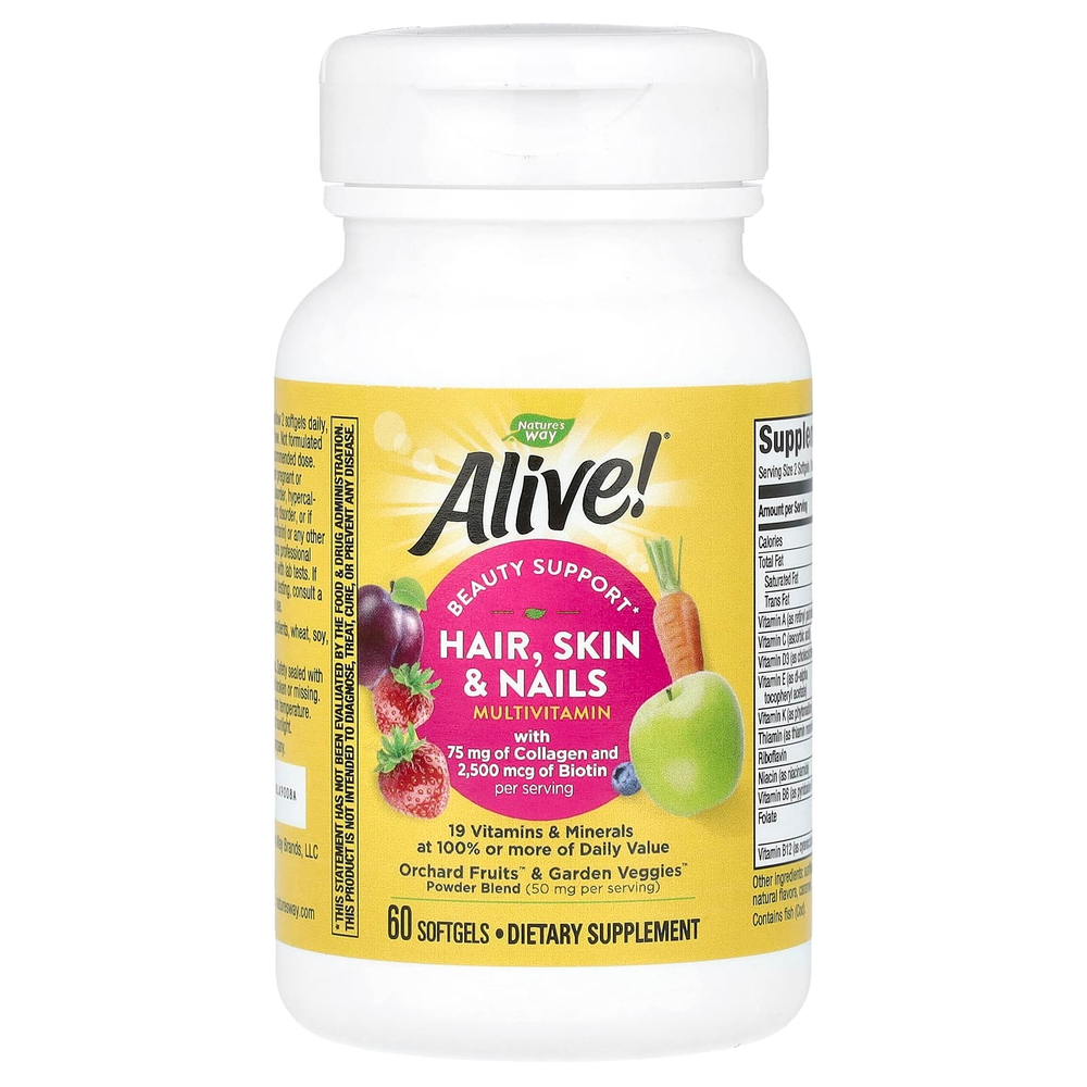 Nature's Way, мультивитамины для волос, кожи и ногтей Alive!®, со вкусом клубники, 60 капсул
