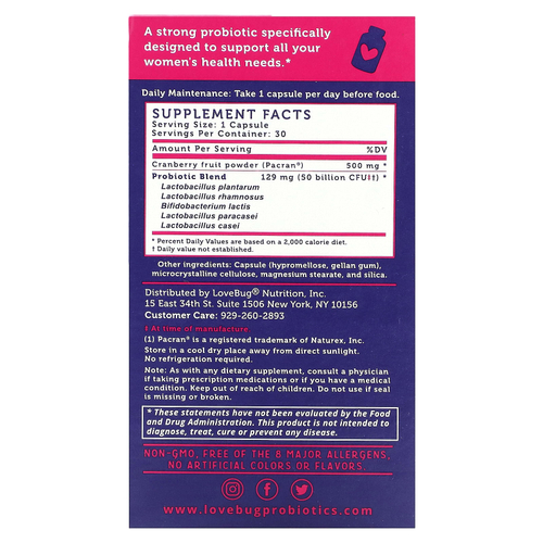 LoveBug Probiotics, дрожжи и пробиотик для поддержки уровня pH влагалища, 50 млрд КОЕ, 30 капсул
