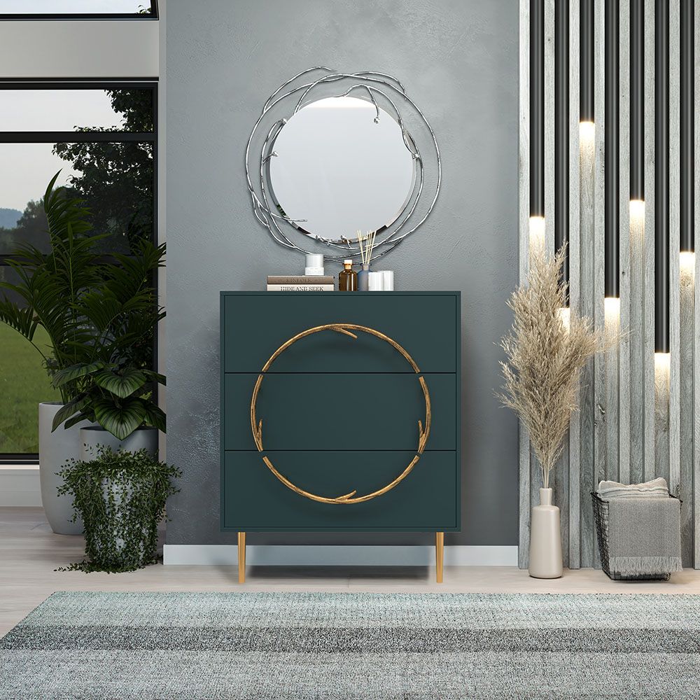 Комод Арт Колор matte Стайл Голд с 3 ящиками Зеленый бирюзовый матовый