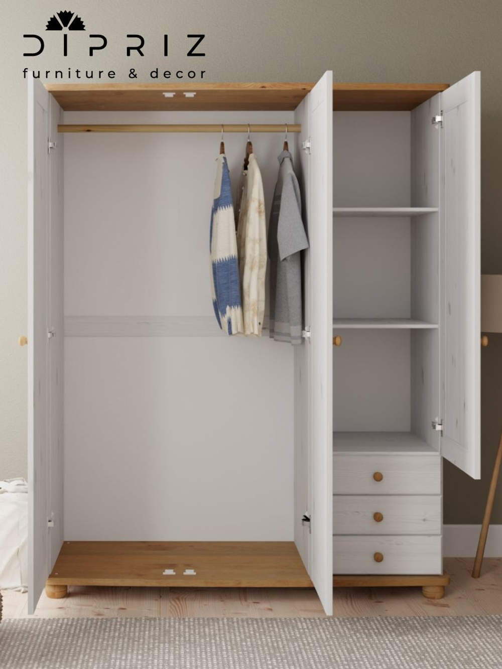Шкаф 146х57х186, Фалко распашной, для одежды, трехдверный, с ящиками, деревянный, белый, Dipriz