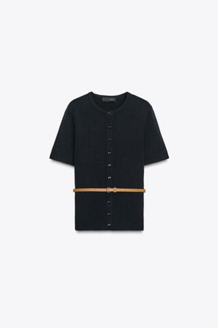 ZARA ВЯЗАНЫЙ КАРДИГАН С КОРОТКИМИ РУКАВАМИ И ПОЯСОМ, МОРСКОЙ СИНИЙ