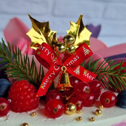 Украшение колокольчик «Merry Christmas» золотые листики с красным бантиком