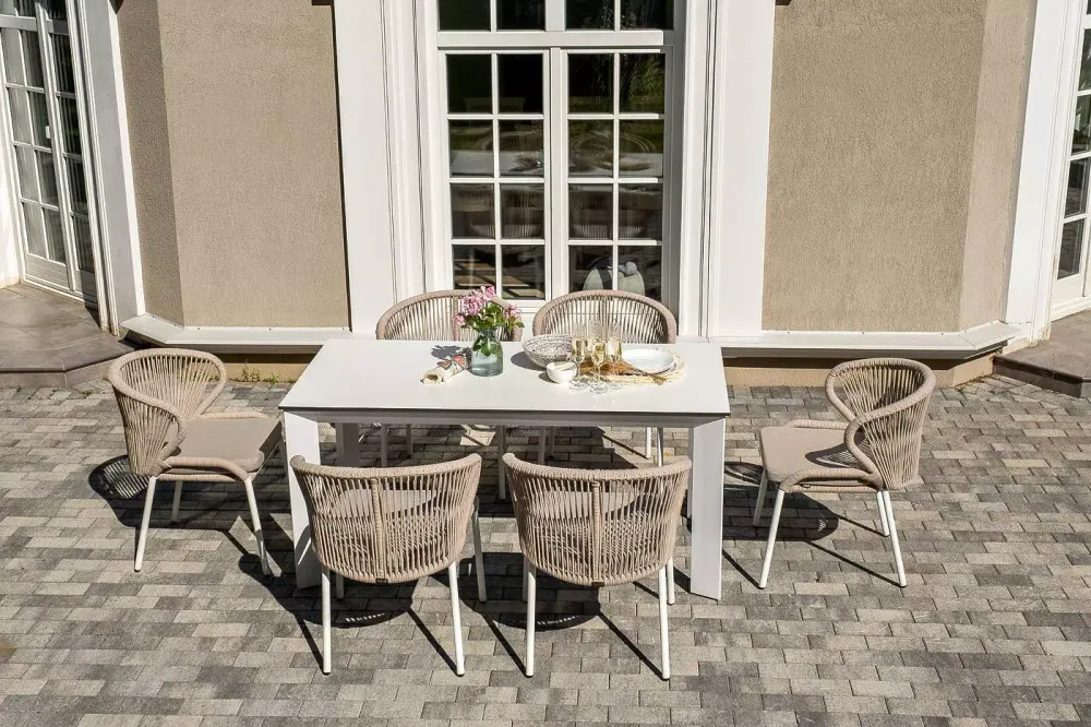 "Венето" обеденная группа на 6 персон со стульями "Милан", каркас белый, роуп бежевый