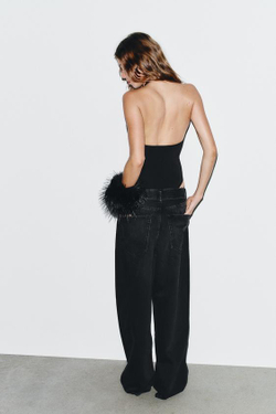 ZARA ДЖИНСЫ TRF СО СРЕДНЕЙ ПОСАДКОЙ И ОТВОРОТОМ НА ПОЯСЕ, ЧЕРНЫЙ