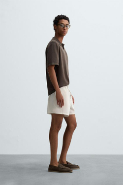 ZARA ПОЛОСАТЫЕ ХЛОПКОВЫЕ ШОРТЫ-БЕРМУДЫ, ЭКРЮ / СЕРЫЙ