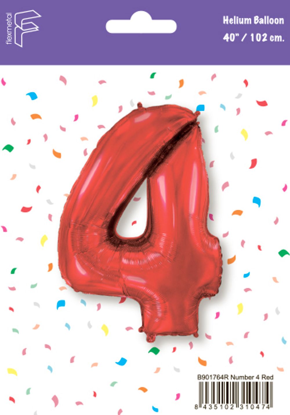 Шар (40''/102 см) Цифра, 4, Красный, 1 шт. в уп.