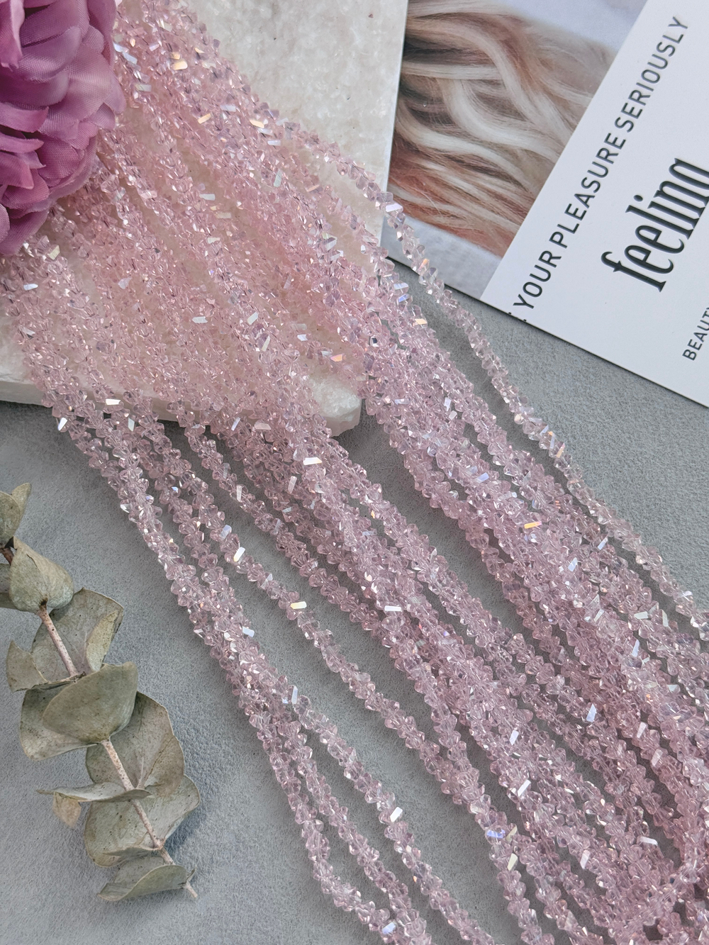 Бусины из хрустального стекла, треугольник, розовый, 4 мм, нить 34 см