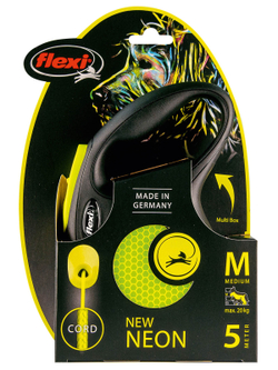 Flexi Neon New Classic, рулетка М (до 20 кг) трос, светоотражающая, желтый неон, 5м