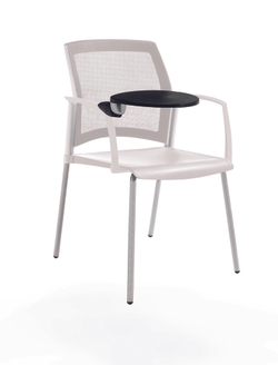 стул Rewind на 4 ногах, каркас серыйй, пластик белый, спинка-сетка, с закрытыми подлокотниками и пюпитром