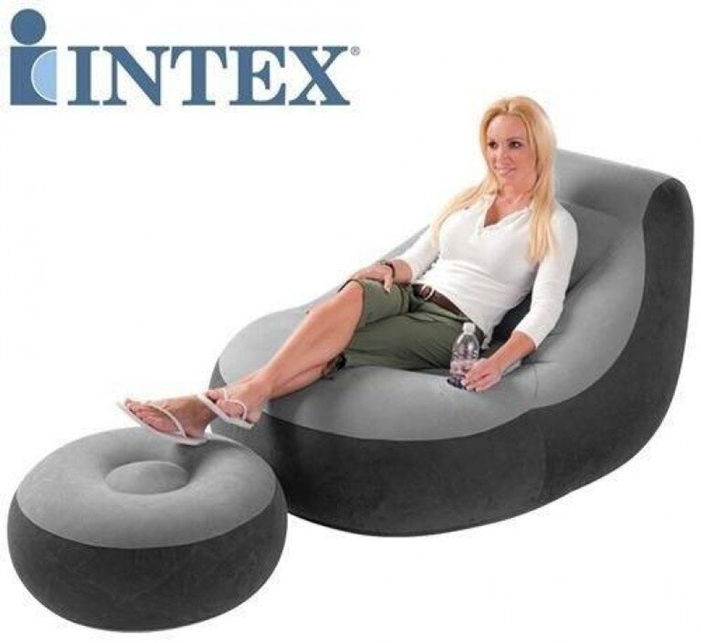 Кресло надувное Intex 68564 Ultra Lounge 137х102х79 см с пуфиком / Шезлонг надувной Интекс велюровый с подстаканником для дома и дачи
