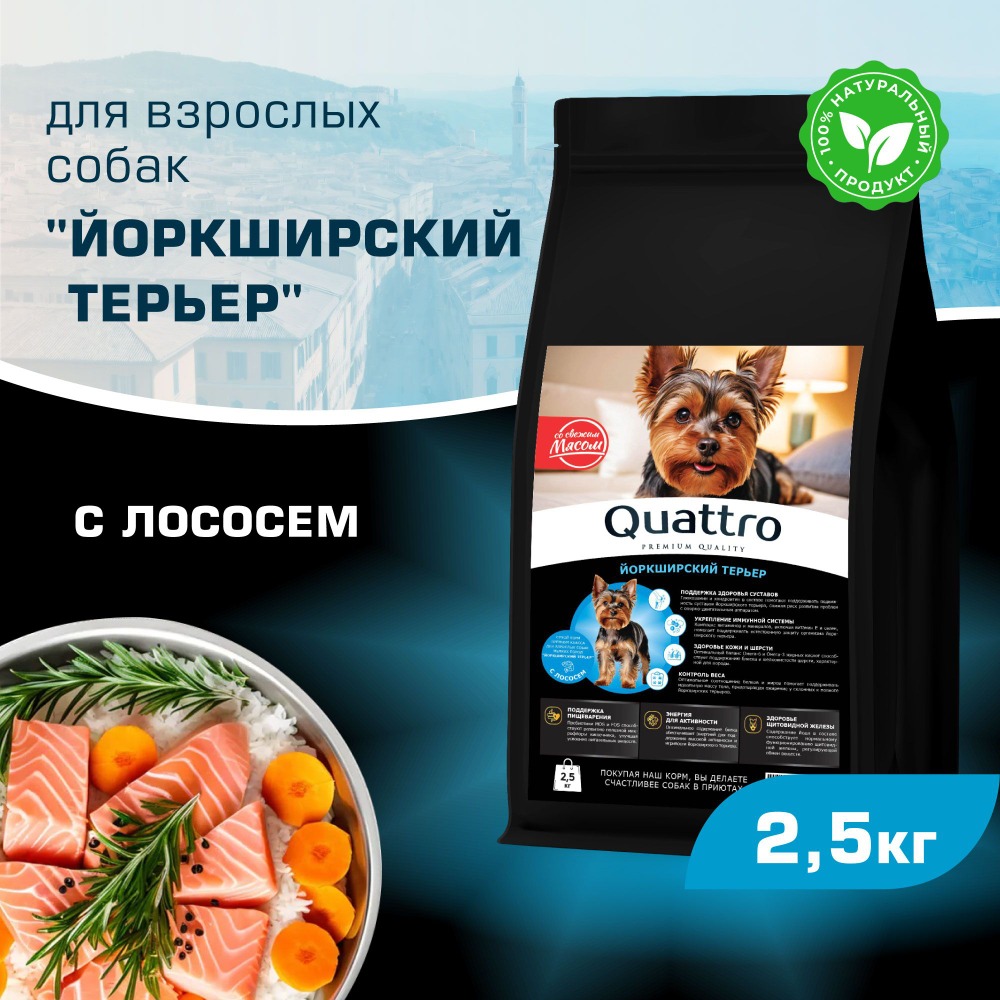 Корм сухой для взрослых собак породы Йоркширский терьер, с лососем, 2,5 кг, QUATTRO