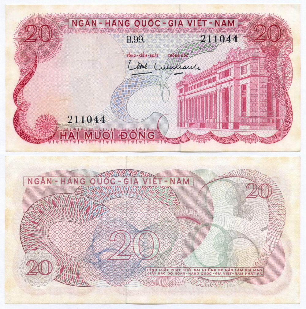 Банкнота Южный Вьетнам 20 донгов 1969 год B99 211044. VF-XF
