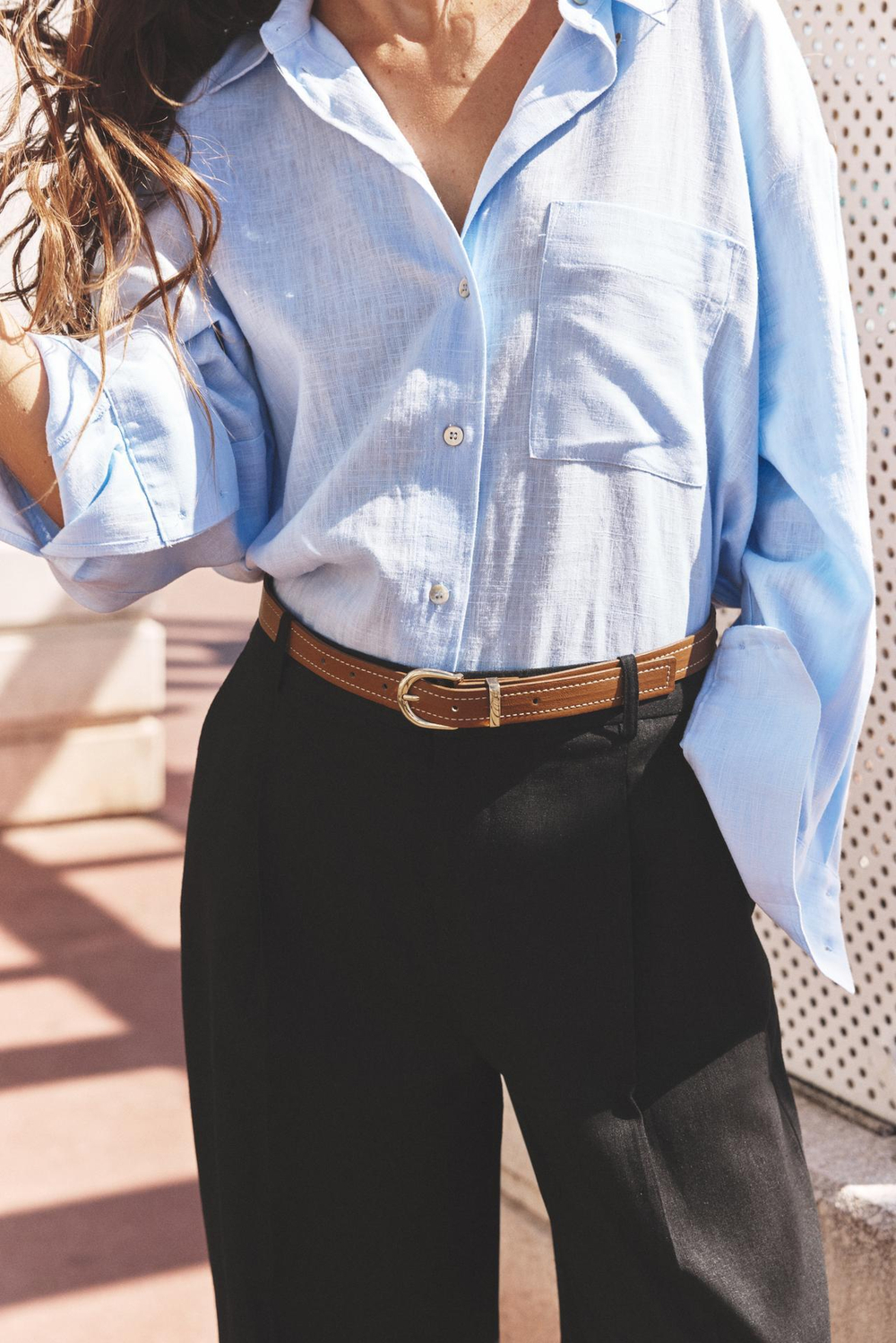 ZARA БРЮКИ ПРЯМОГО КРОЯ ИЗ СМЕСОВОГО ЛЬНА С РЕМНЕМ, ЧЕРНЫЙ