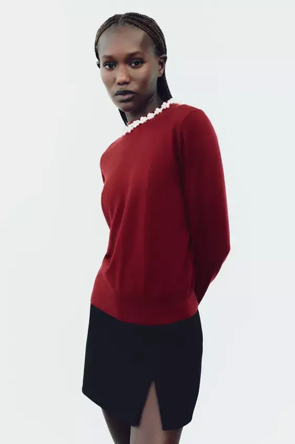 ZARA ОДНОТОННЫЙ СВИТЕР С БУСИНАМИ, ТЕМНО-РОЗОВЫЙ