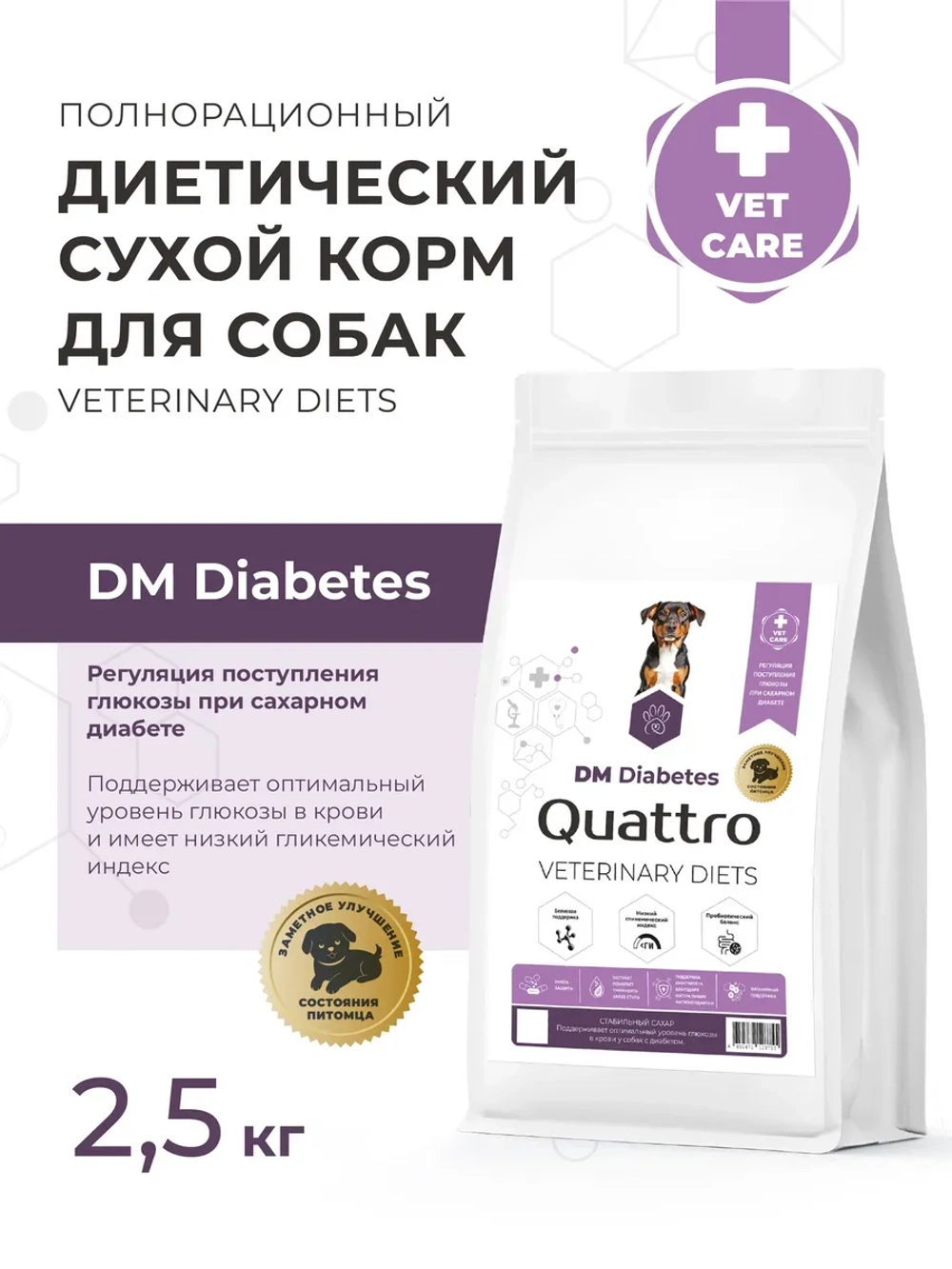 Корм для средних и крупных собак VD Diabetes DM, 2.5 кг