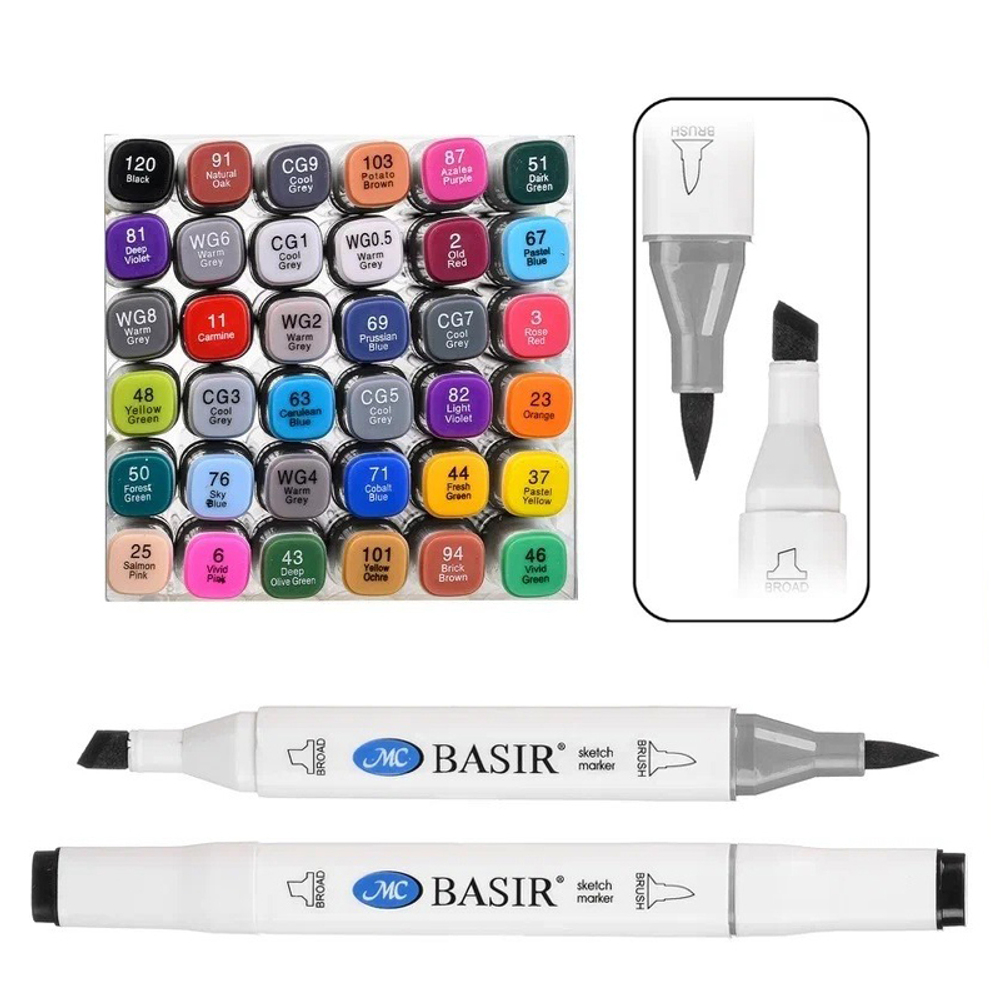 Маркер для скетчинга, двусторонние, Basir, четырехгранные, 14 мм, спиртовые, 36 шт