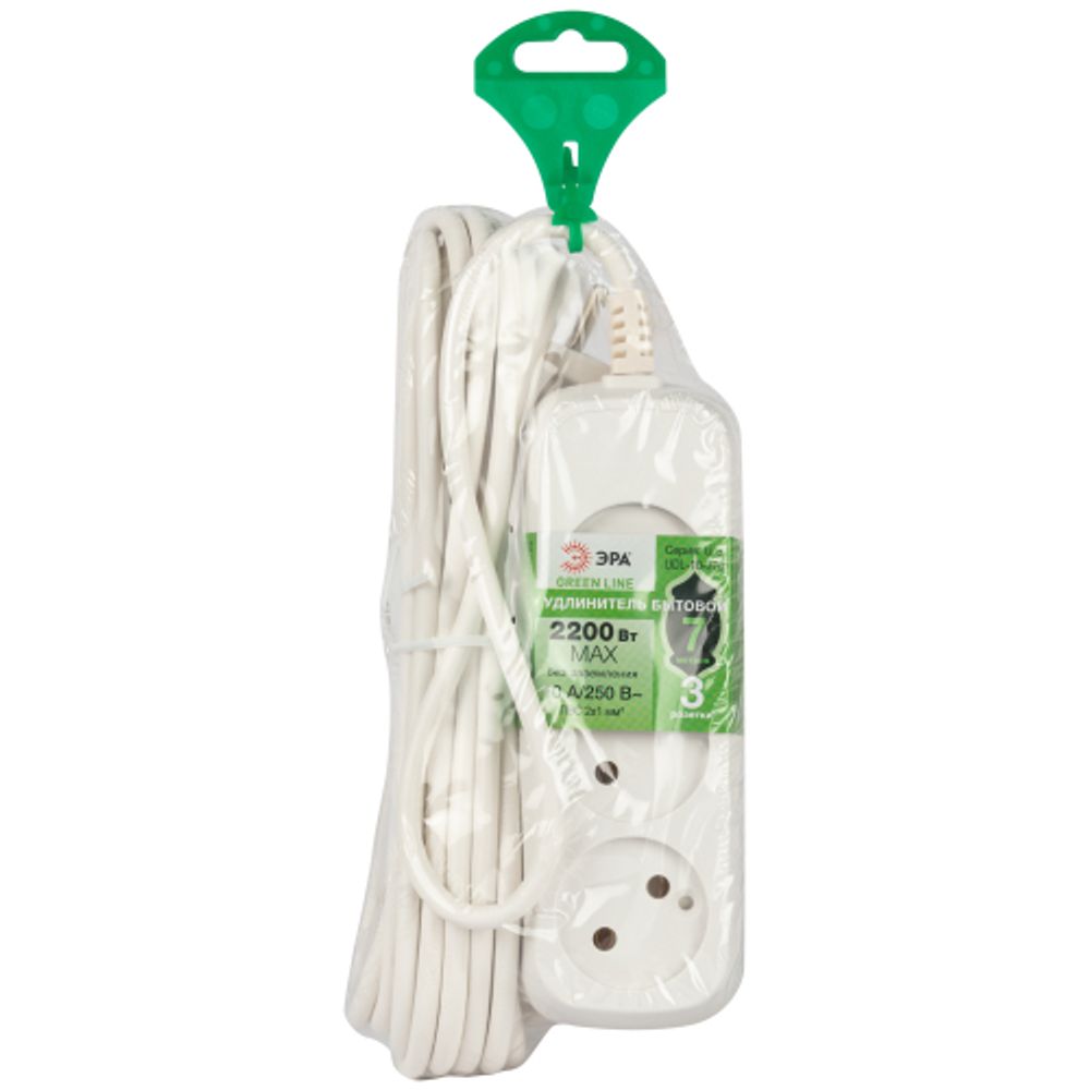 Удлинитель электрический ЭРА UDL-10-370 Greenline 3 розетки без заземления 7м ПВС 2x1мм2 | Бытовые удлинители