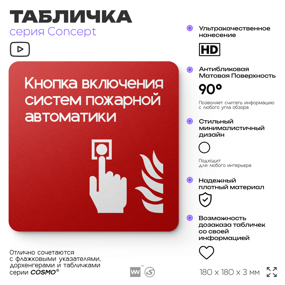 Табличка Кнопка включения систем пожарной безопасности, на дверь и стену, навигационная и информационная, серия CONCEPT, 18х18 см, Айдентика Технолоджи