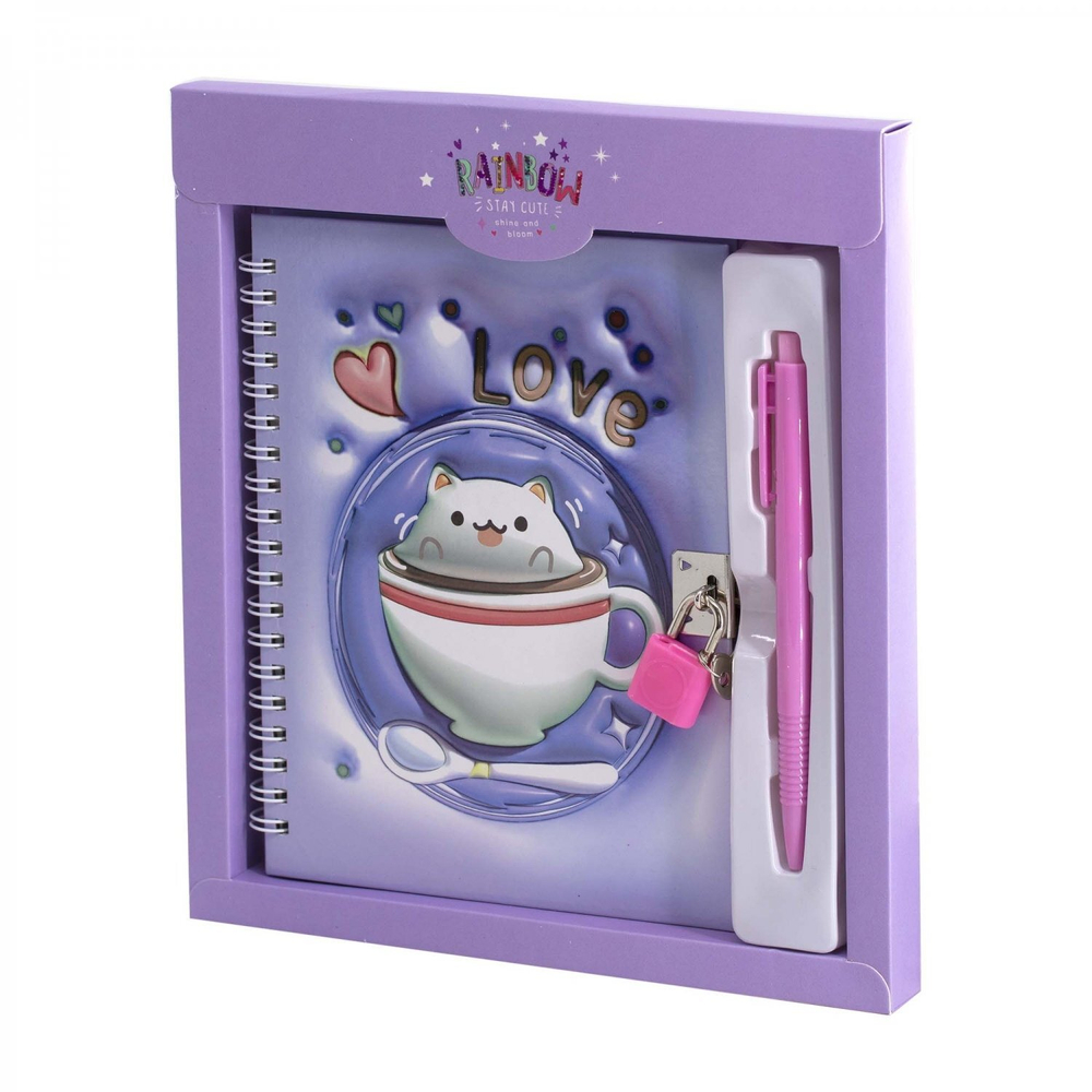 Блокнот в футляре, 17,5 см * 19,5 см, гребень, Alingar, ламин, эффект 3D, ручка, замочек, клетка, 46 л., "Кот-пухляш", сиреневый