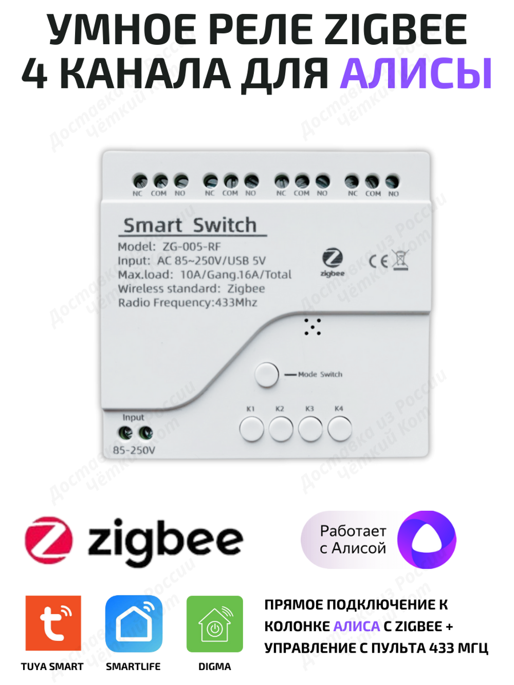 Умное реле Tuya ZigBee для Алисы на 4 устройства