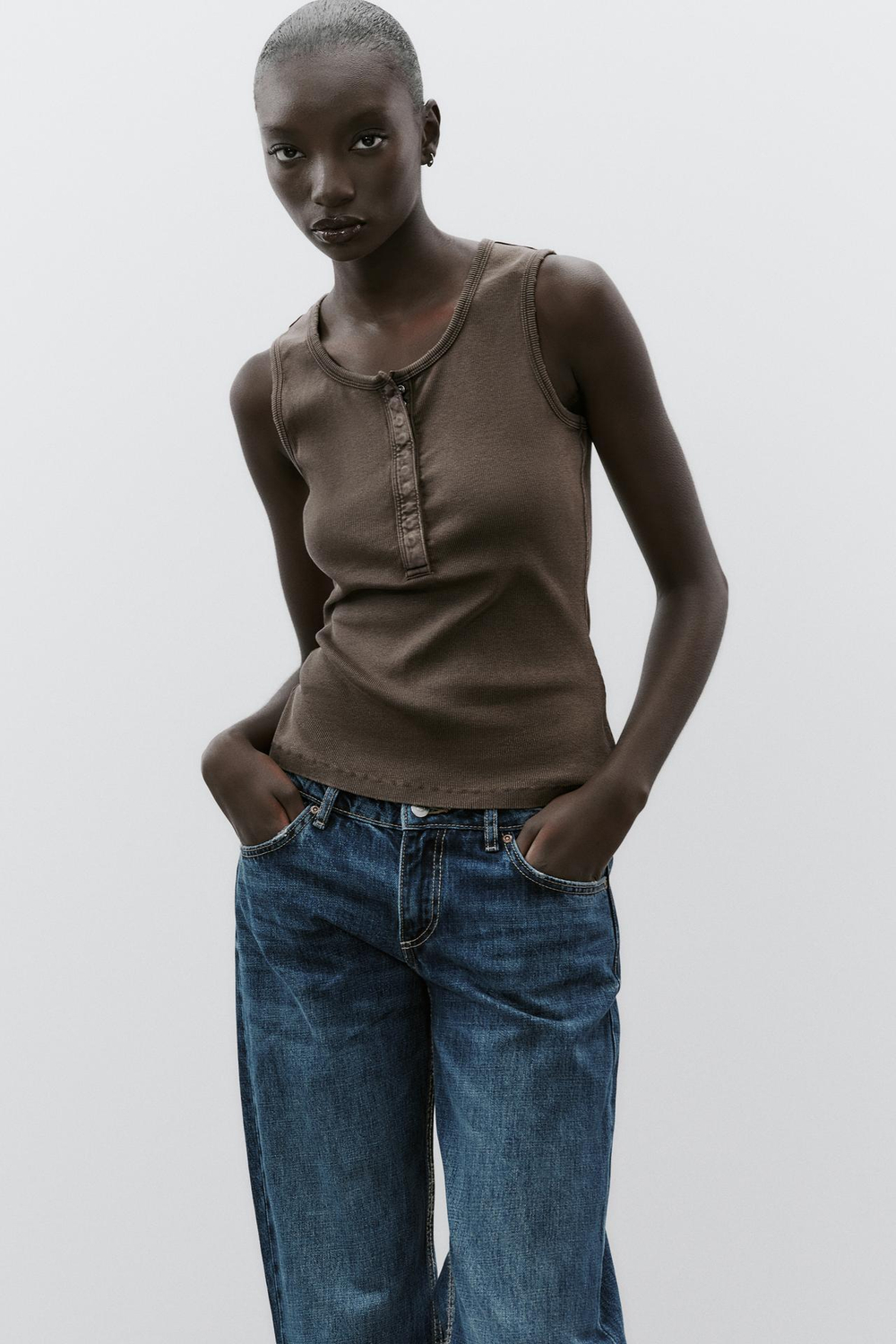 ZARA ТОП В РУБЧИК ИЗ ТКАНИ С ЭФФЕКТОМ ПОТЕРТОСТИ, КОРИЧНЕВЫЙ