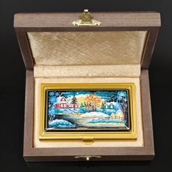 Визитница металлическая персональная "Деревенька. Зима" №2 (ручная роспись Палех)