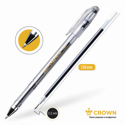 Ручка гелевая CROWN "Hi-Jell", ЧЕРНАЯ, корпус прозр., узел 0,5мм, линия 0,35мм, HJR-500B, ш/к 05696