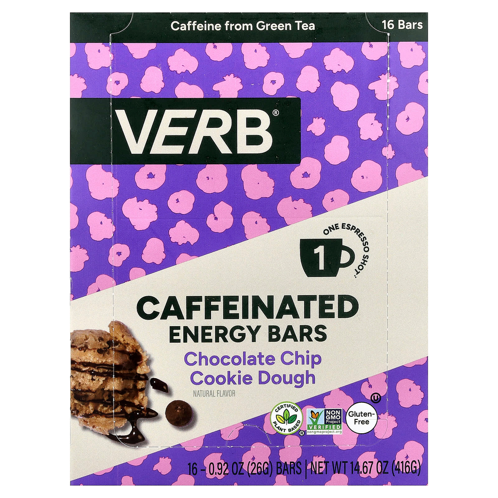 Verb Energy, Caffeinated Energy Bar, Chocolate Chip Cookie Dough, 16 Bars, 0.92 oz (26 g) Each