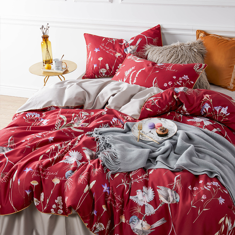 Постельное белье ЕВРО (двуспалка) Египедский Хлопок Птички на красном